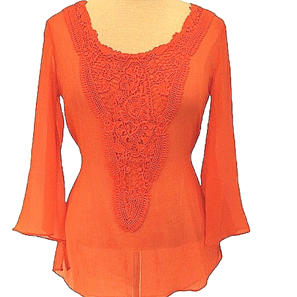 Le Chateau Tangerine Chiffon/Cotton Lace Boho Top- Sz XS